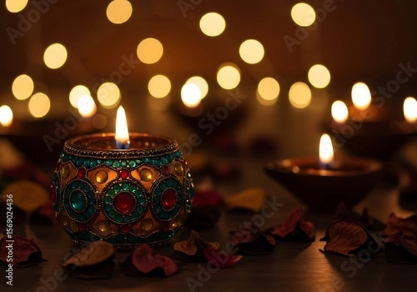 Obraz Beautifully decorated Diwali lamp illuminates a festive scene with soft, warm bokeh lights.

