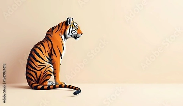 Fototapeta tiger vector illustration standing on beige background negative space for banner. AI Generate