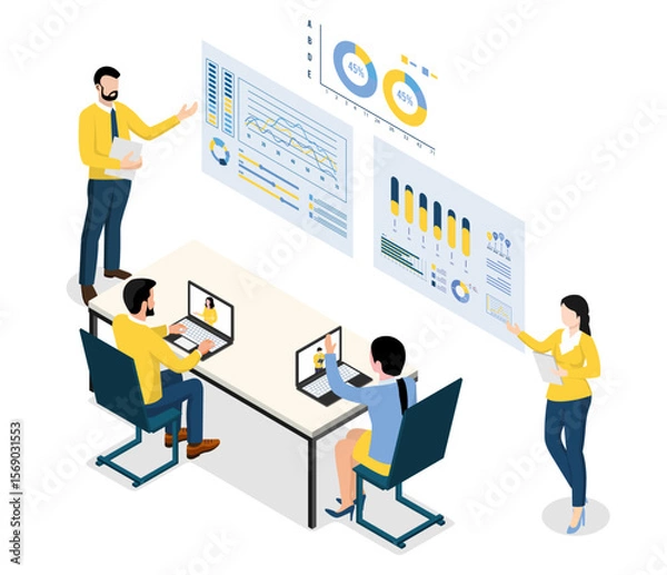 Fototapeta Business team meeting and working collaboration in office workplace and performance through web-based analytics dashboards.