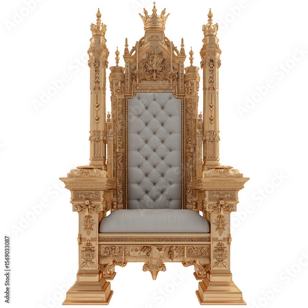Fototapeta Ornate golden royal throne with tufted white upholstery isolated on transparent background