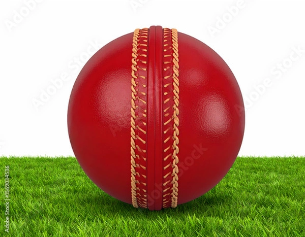 Fototapeta Ready to Play Cricket A gleaming red ball sitting patiently on lush green grass awaits the game s