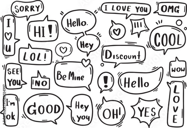 Fototapeta Text Reaction Icon Set – OMG, LOL, Sorry, Cool, Yes, No – Blue Sketch Speech Bubbles

