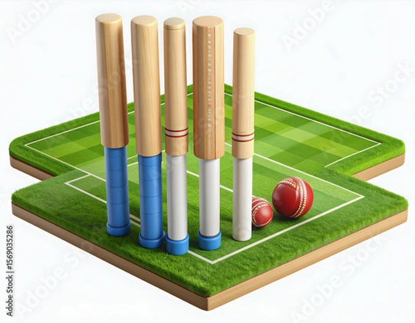 Fototapeta Wooden wickets stand ready balls wait promising a cricket game on a vibrant green pitch in a digital