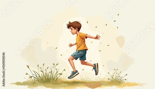 Fototapeta Boy running joyfully through grassy field