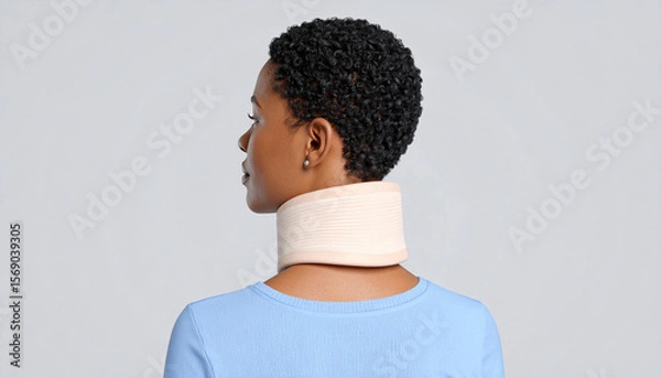 Fototapeta "3D Render of Injured Person Wearing Neck Brace – Medical Recovery Scene on Gray Solid Background"