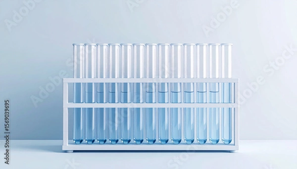 Fototapeta "3D Render of PCR Test Tube Rack in Laboratory Scene on Clean Background – Medical and Scientific Concept"