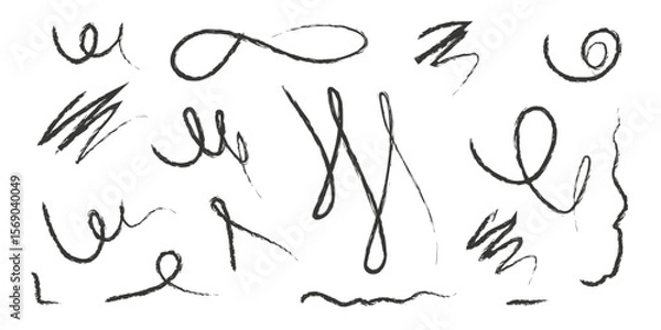 Obraz Abstract black hand drawn lines and scribbles on white background by marker or pen. Doodle chalk style design elements for highlights, text dividers, frames, or decorative purposes. Minimalist sketchy