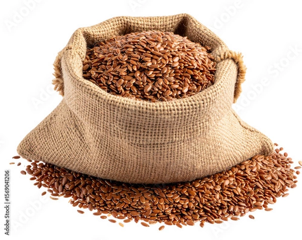 Obraz Burlap Sack with Spilling Flax Seeds Isolated on Transparent Background PNG