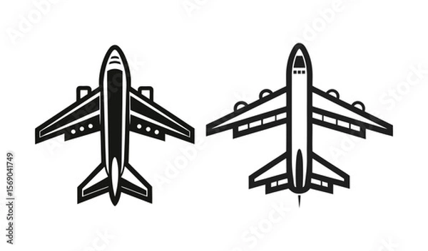 Fototapeta Two stylized black airplane icons viewed from above on a white background