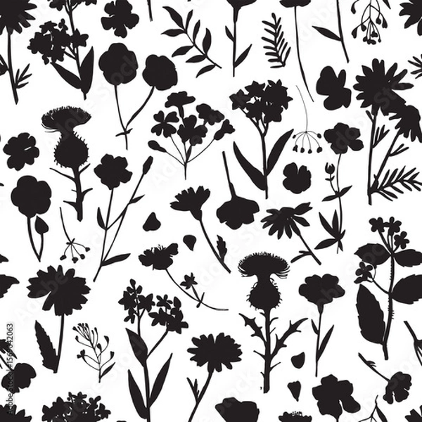 Obraz Seamless pattern with black silhouettes of wild meadow herbs and flowers. Botanical floral background for fabric, wrapping paper, eco packaging, wallpapers, and digital design.	