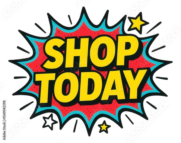 Fototapeta Red comic-style burst sticker with SHOP TODAY in bold, inviting retail promo offer on transparent background.