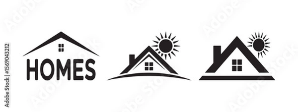 Fototapeta Three black house logos with sun and text home real