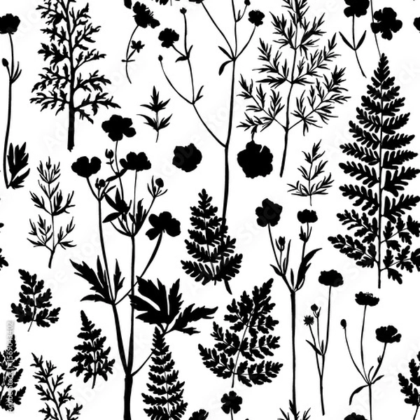 Obraz Seamless pattern with black silhouettes of wild meadow herbs and flowers. Botanical floral background for fabric, wrapping paper, eco packaging, wallpapers, and digital design.	