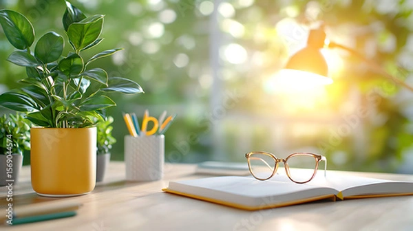 Fototapeta Sunlit workspace with green plants home office photo bright environment close-up view relaxing study concept