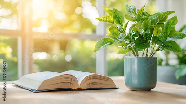 Fototapeta Reading a book in a sunlit room with a potted plant indoor still life tranquil close-up mindfulness
