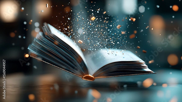 Fototapeta Magical book floating in the air mystical library fantasy art ethereal atmosphere close-up imagination unleashed