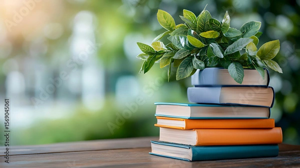 Fototapeta Books and greenery display cozy reading nook still life natural light close-up relaxation concept