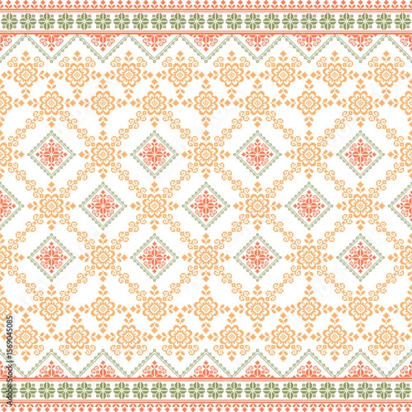 Fototapeta Geometric pixel art pattern. Abstract pixel art geometric ethnic pattern design for fabric, carpet, tile, rug, clothing, embroidery, needlepoint and background. Vector pixel art seamless motif ethnic 