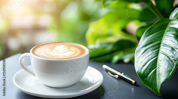 Fototapeta Enjoy a serene coffee moment lush greenery cozy beverage photography tranquil environment close-up shot mindfulness concept