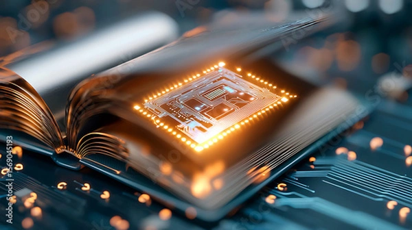 Fototapeta Exploring innovative technology circuit board in an open book digital realm graphic design futuristic perspective