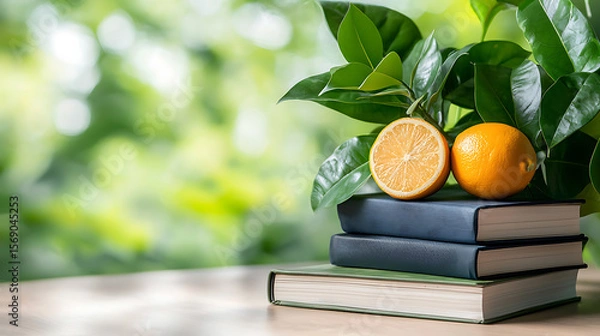 Fototapeta Fresh oranges on books surrounded by greenery home office still life natural environment close-up refreshing ideas