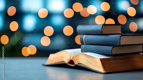 Fototapeta Reading adventures cozy books stacked on a table soft lighting indoor scene inviting atmosphere