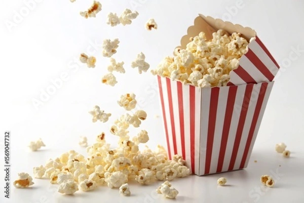 Fototapeta Fresh popcorn spilling from a classic red striped container evokes movies and snacking delight.