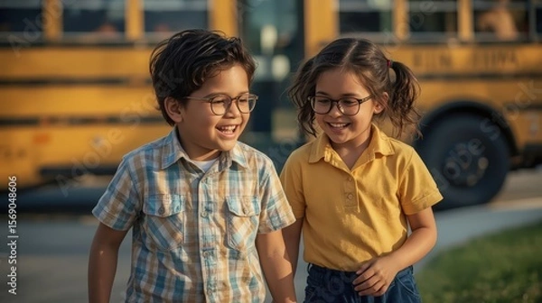 Fototapeta Diverse Young Students Walking to School Smiling with Backpacks, School Bus in Background