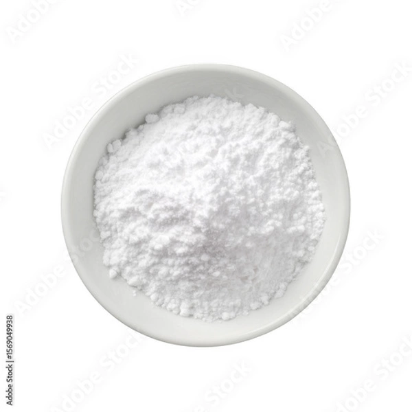 Fototapeta White powdered sugar or icing sugar in a small white bowl isolated on transparent background