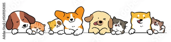 Fototapeta Vector Illustration of Cute Cartoon Dog and Cat Couples on Isolated Background. Hand Drawn Vector Illustration. 