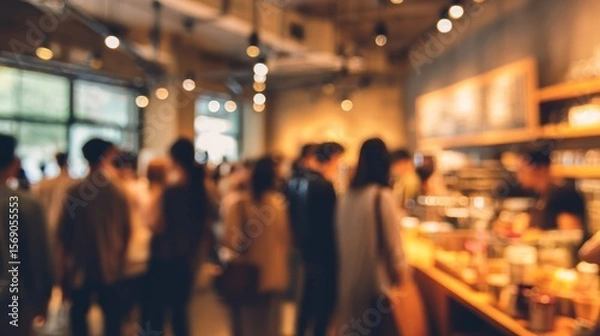 Fototapeta Blurred background of bustling coffee shop, long queue of diverse customers waiting at the counter, vibrant social energy, warm tones and casual interior