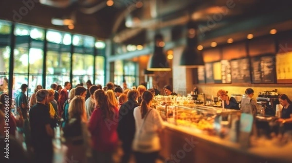 Fototapeta Blurred background of bustling coffee shop, long queue of diverse customers waiting at the counter, vibrant social energy, warm tones and casual interior