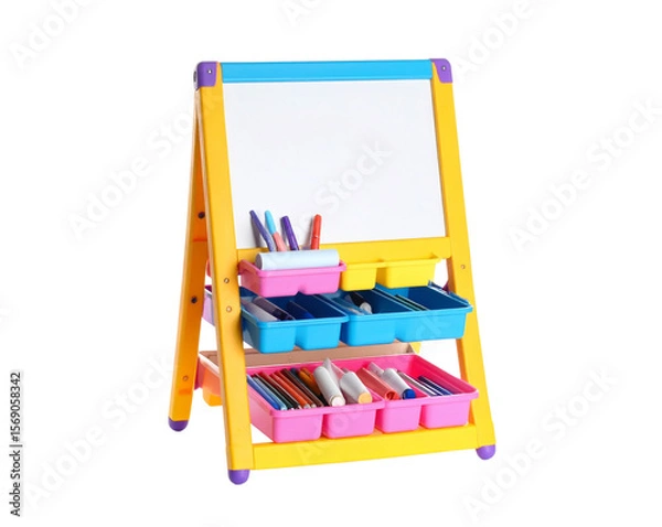 Obraz Colorful Plastic Art Easel for Kids with Storage and Drawing Board Isolated on White PNG