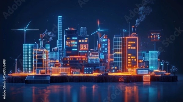 Fototapeta A neon-glowing smart city where renewable energy powers every building