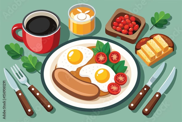 Fototapeta Delicious Breakfast Sunny-Side Up Eggs, Sausage, Toast, and More
