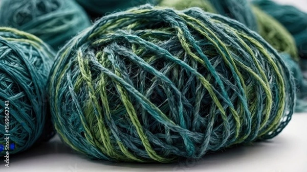 Fototapeta Closeup of green and blue yarn bundle: a detailed texture for craft enthusiasts