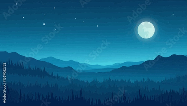 Fototapeta Serene Night Landscape with Full Moon and Mountain Range in Cool Blue Tones