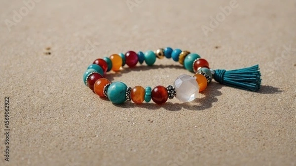 Fototapeta Colorful beaded bracelet with tassel on sandy beach  vibrant oceaninspired jewelry design