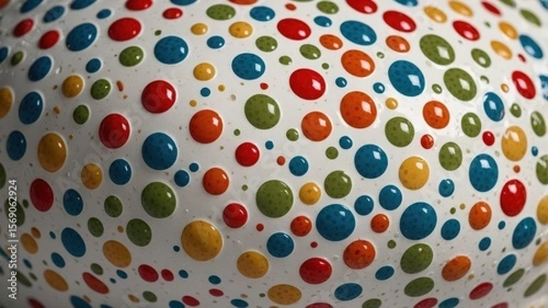 Fototapeta Colorful circular patterns on white surface: vibrant dots of red, blue, green, and orange