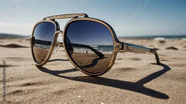 Fototapeta Stylish sunglasses reflecting scenic beach view on sunny sandy coastline