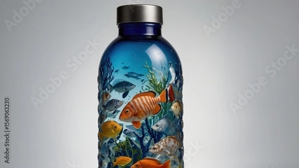 Fototapeta Artistic fish design on transparent water bottle with oceanic theme and colorful marine life