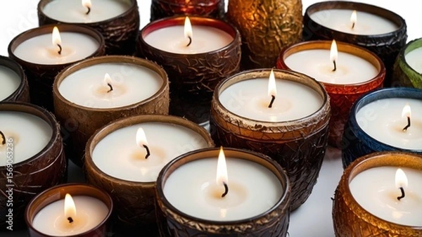 Fototapeta Elegant scented candles in textured holders creating a warm, relaxing atmosphere
