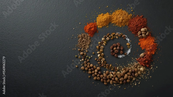 Obraz Various spices, artfully arranged in a spiral shape on a dark background, symbolizing rich flavors and culinary art.