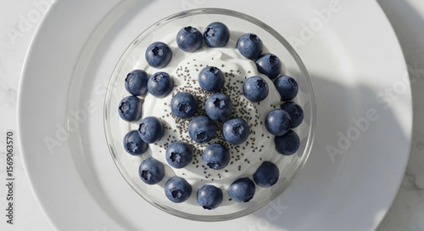 Obraz Yogurt with fresh blueberries and chia seeds in a clear bowl, a perfect image of a healthy and delicious breakfast.