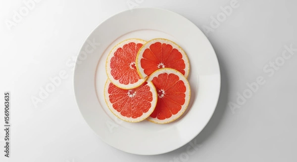 Fototapeta Vibrant grapefruit slices neatly arranged on a white plate, symbolizing freshness and healthy eating.