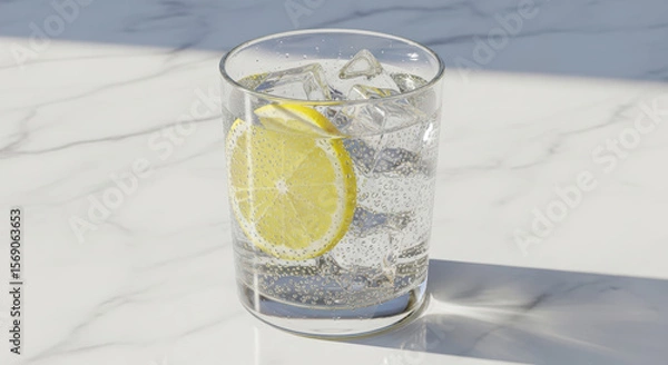 Obraz Refreshing drink with lemon and ice in a glass on a white marble table, a perfect symbol of freshness and summer mood.