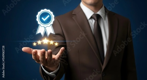 Fototapeta Businessman holding holographic five-star rating with blue checkmark badge symbolizing achievement and high quality service