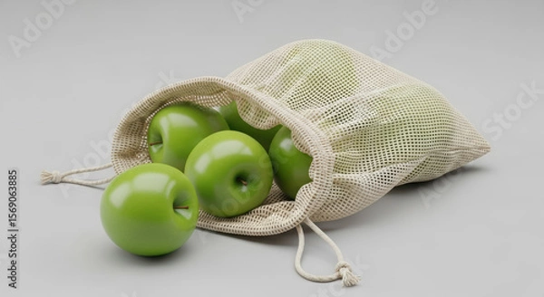 Obraz Green apples in a reusable mesh bag, symbolizing eco-friendliness and healthy eating.