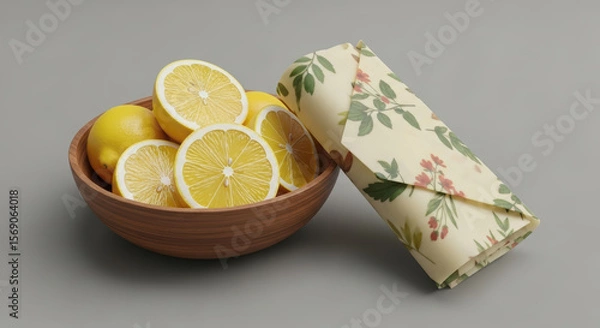 Obraz Fresh lemons in a wooden bowl and a product wrapped in beeswax packaging, symbolizing eco-friendliness.