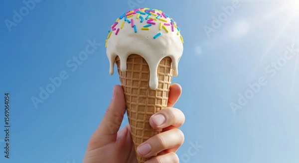 Obraz A hand holds an ice cream cone topped with glaze and colorful sprinkles against a blue sky background.